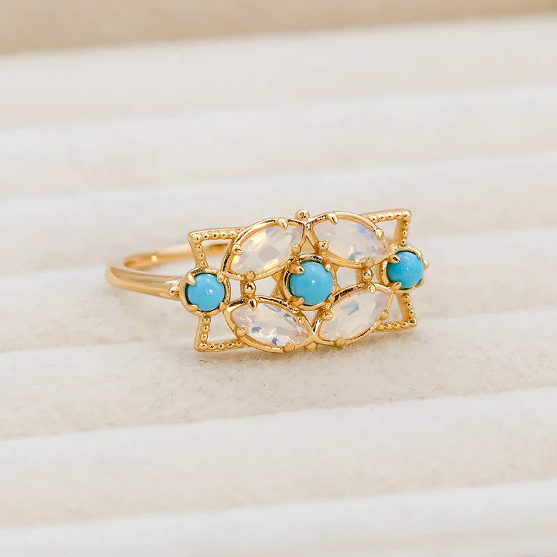 Niche Retro Hollow Geometry Design Inlaid Opal+Turquoise RingS925Silver Plated14KRing