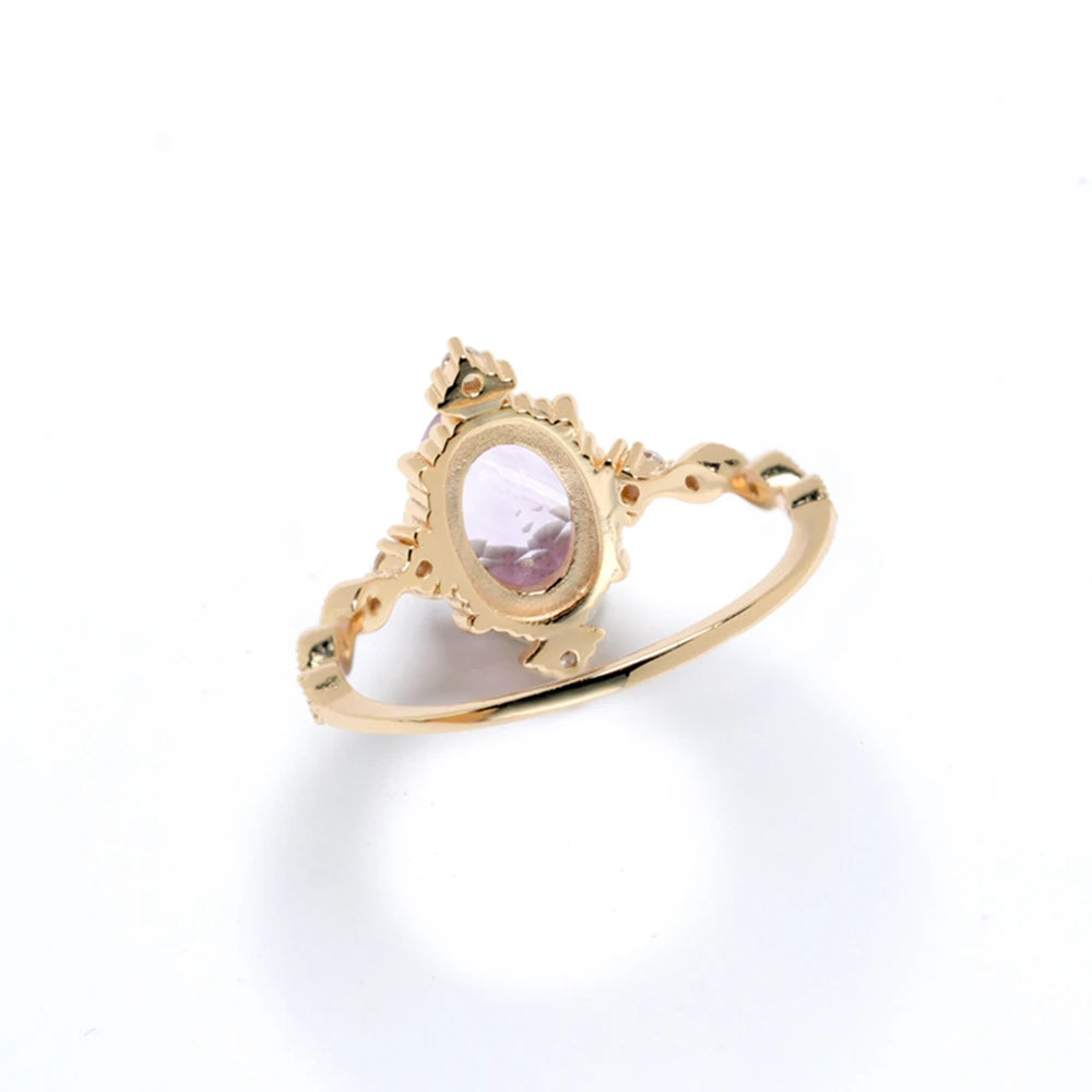 Joyeria En Tendencia Cuarzos Natural Joyeria 925 Sterling Silver 14K Gold Plated Gemstone Amethyst Micro Inlay Big Stone Ring