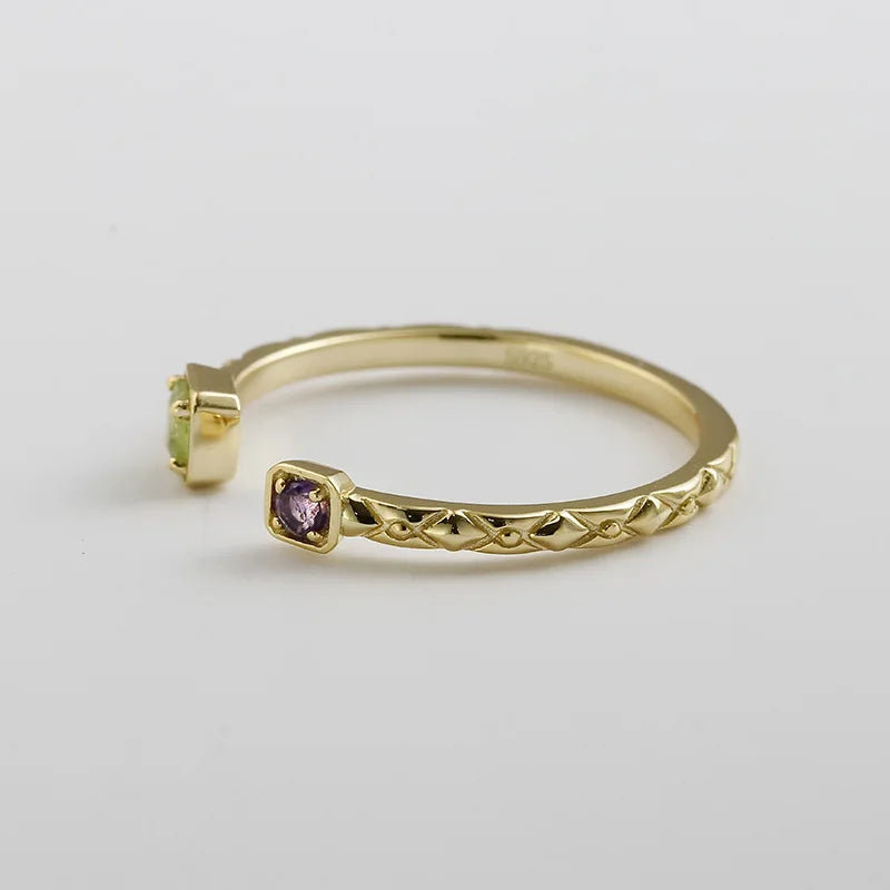 Emotional Factory 925 Sterling Silver 14K Gold Plated Gemstone Amethyst Peridot Adjustable Ring