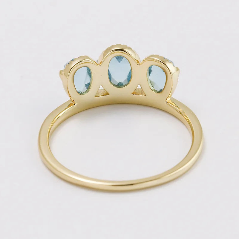 Emotional Factory 925 Sterling Silver 14K Gold Plated Gemstone Vintage Blue Rose Cut Grass 3 Stone Ring