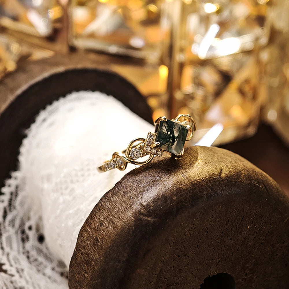 Emotional Joyeria De Plata  Factory 925 Sterling Silver 14K Gold Plated Gemstone Geometric Square Moss Agate Ring