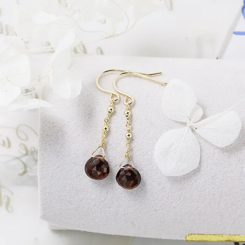 Emotional Factory 925 Sterling Silver 14K Gold Plated Gemstone Long Bar Water Drops Natural Red Garnet Pendant Earrings