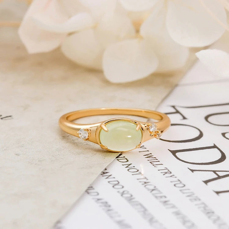 Emotional Factory 925 Sterling Silver 14K Gold Plated Gemstone Zircon Retro Vintage Oval Shaped Prehnite Ring