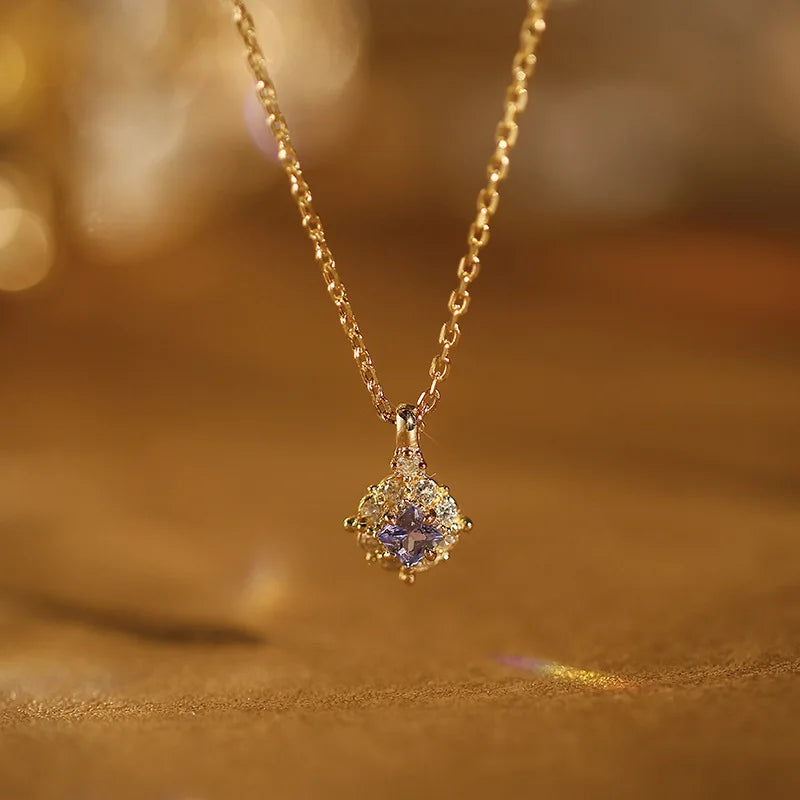 Emotional Factory 925 Sterling Silver 14K Gold Plated Gemstone Geometric Square Purple Tanzanite Necklace