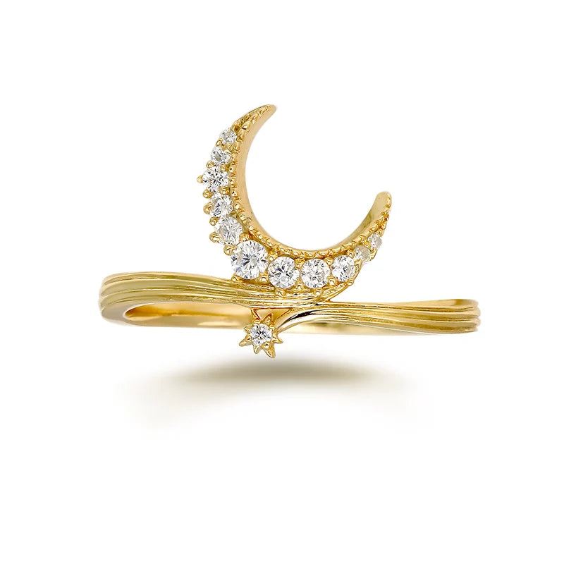 Fashionable Design Moon Shape Micropaved Zirconia Ring S925 Sterling Silver Plated With 14K Gold