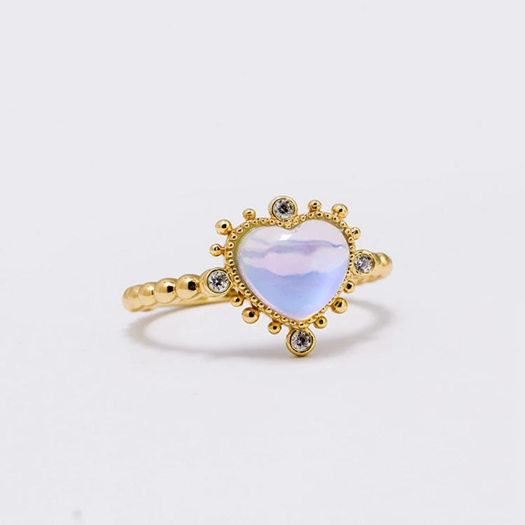 Emotional Factory 925 Sterling Silver 14K Gold Plated Gem Stone Gemstone Sweet Princess Heart Opal Ring