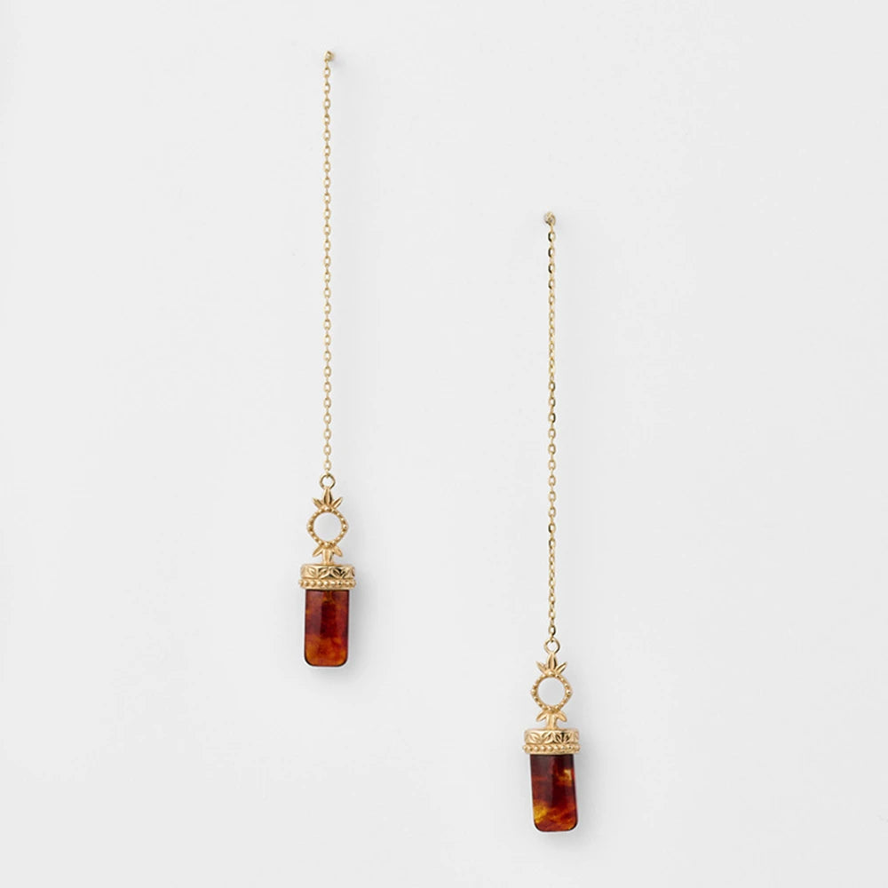 Emotional Factory 925 Sterling Silver 14K Gold Plated Gemstone Swinging Earwire Square Sculpture Leaf Amber Earrings