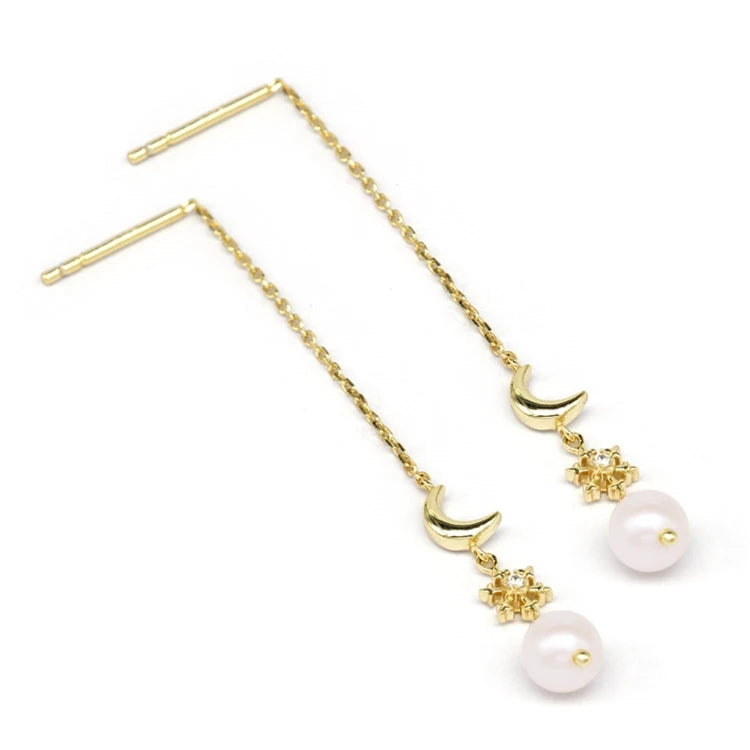 Emotional Factory 925 Sterling Silver 14K Gold Plated Gemstone Pearl Moon Star Long Line Earrings
