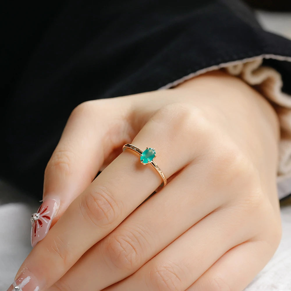 925 Sterling Silver 14K Gold Plated Single Gemstone Egg Shape Vintage Oval Natural Chrysoprase Finger Ring