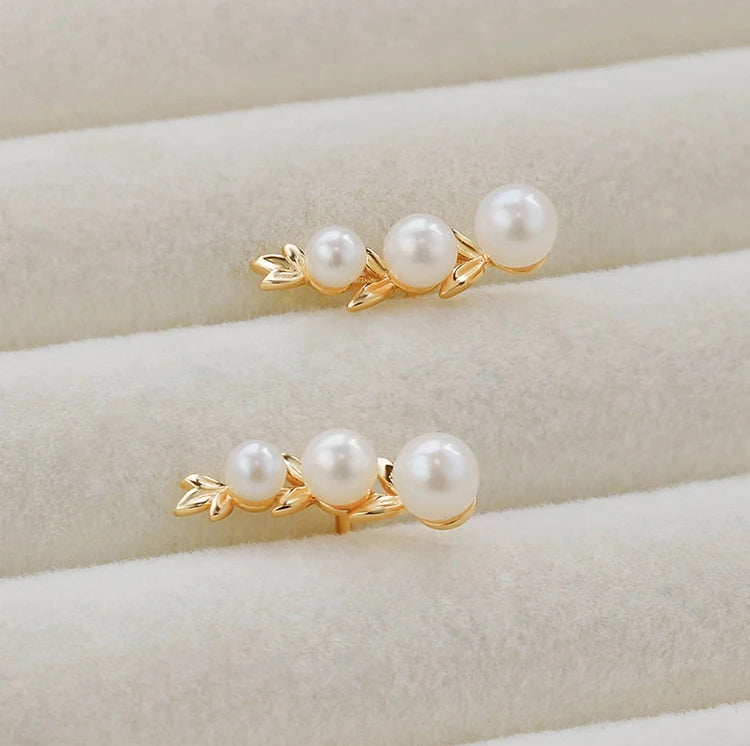 Emotional Factory 925 Sterling Silver 14K Gold Plated Gemstone Leaves Shaped Stud Pearl Earrings