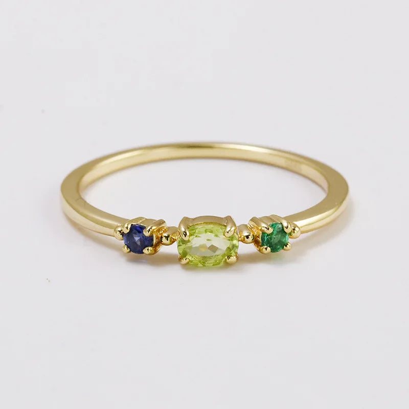 Emotional Factory 925 Sterling Silver 14K Gold Plated Gemstone Blue Green Nano-Stone Geometric Peridot 3 Stone Ring