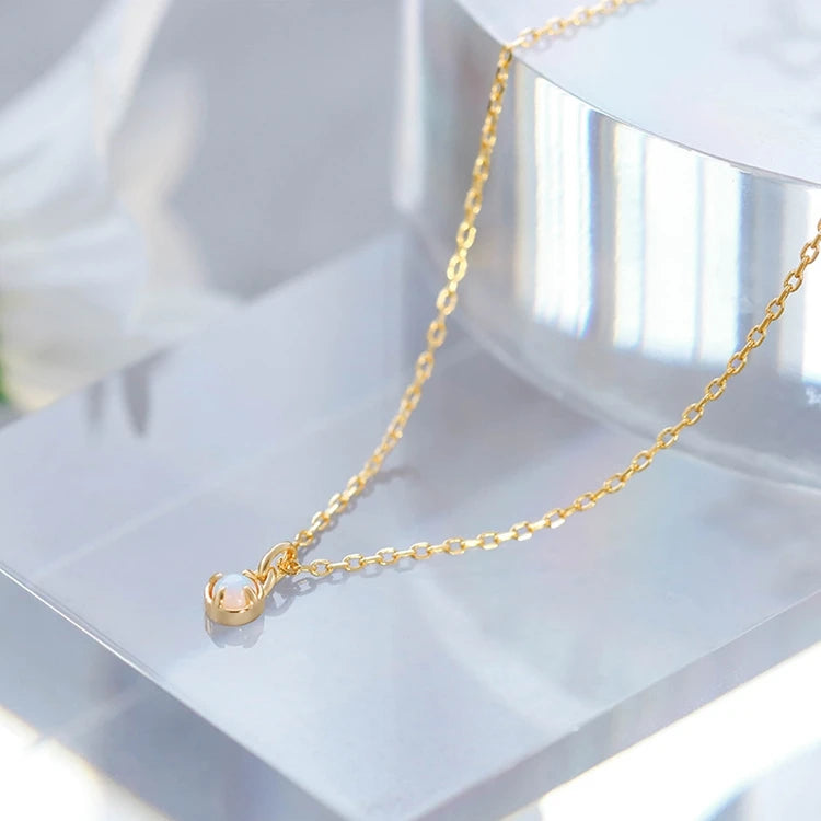 Emotional Factory 925 Sterling Silver 14K Gold Plated Gemstones Vintage Artificial Opal Simple Bead Chain Shaped Necklace