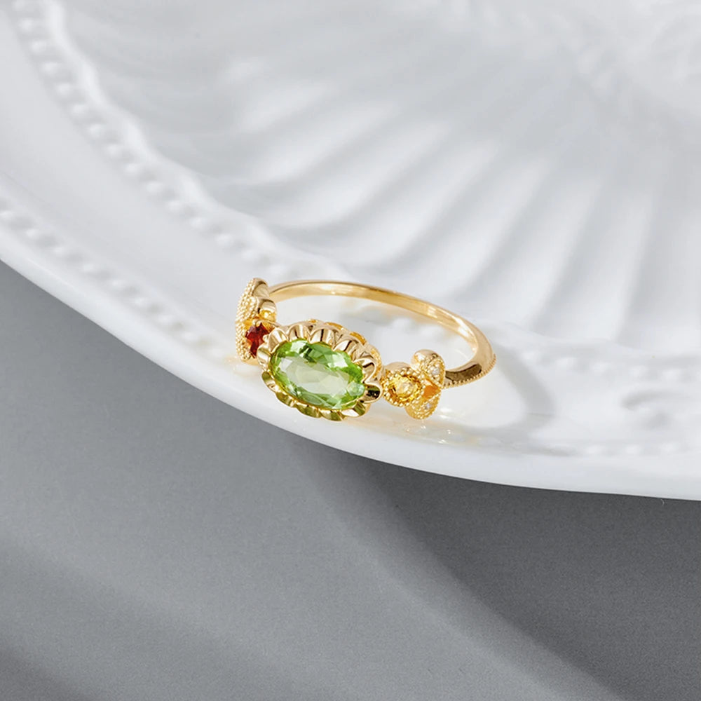 925 Sterling Silver 14K Gold Plated Palace Wind Flowers Green Peridot Red Garnet Citrine Ring