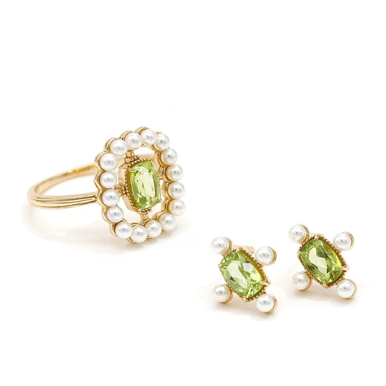 925 Sterling Silver 14K Gold Plated Gemstone Hollow Cross Green Peridot Geometry Pearl Ring