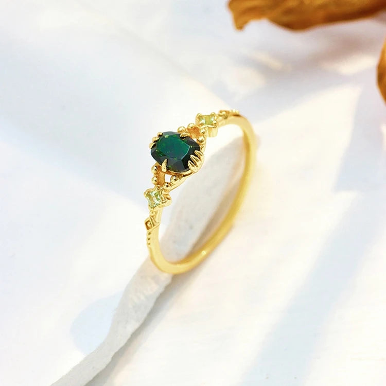 Emotional Factory 925 Sterling Silver 14K Gold Plated Gemstones Vintage Floral Pattern Green Aventurine Peridot Ring