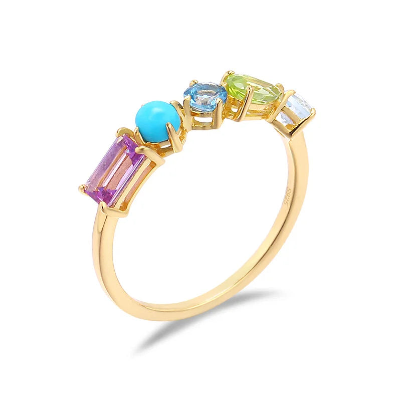 Hot Bague Emotional 925 Sterling Silver Gold Jewelry Gemstone Fashion Rings Beads Topaz Garnet Turquoise Spinel Amber Ring