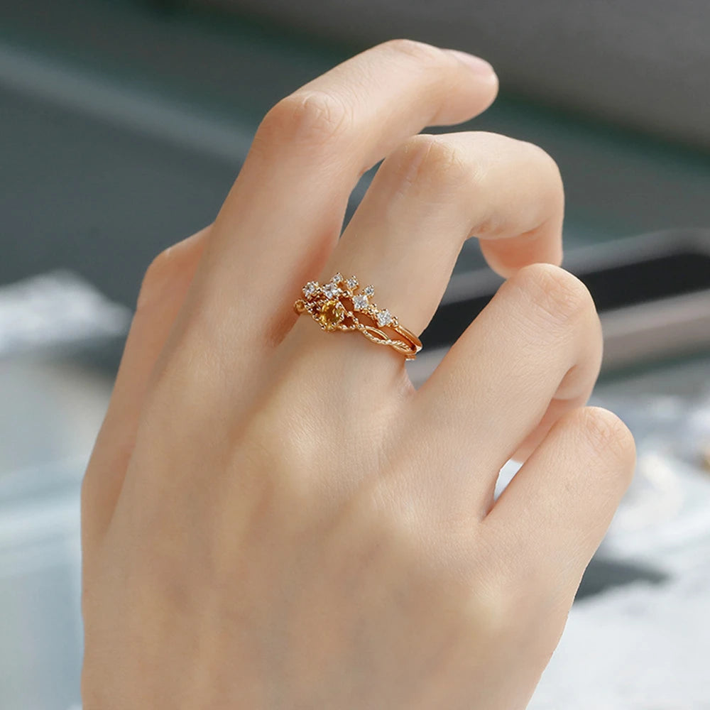 Emotional Factory 925 Sterling Silver 14K Gold Plated Gem Stone Gemstone Geometrical Crown Design Citrine Gem Stone Ring Set