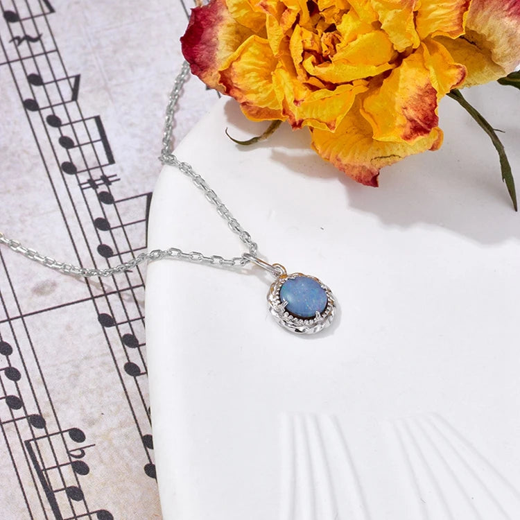 Emotional Factory 925 Sterling Silver 14K Gold Plated Gemstone Double Layer Disc Round Opal Pendant