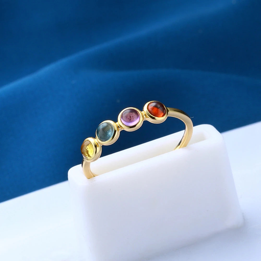 Emotional Factory 925 Sterling Silver 14K Gold Plated Gem Stone Round Bead Topaz Amethyst Garnet Citrine Natural Crystal Ring