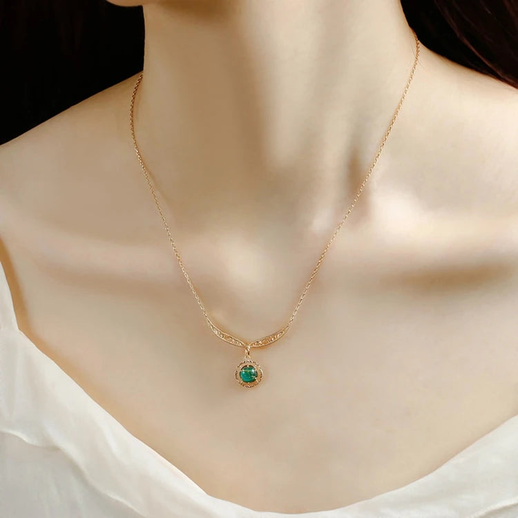 925 Sterling Silver 14K Gold Plated Gemstone Vintage Hollow Blonde Crystal Malachite Pendant Necklace With Ordinary Chain