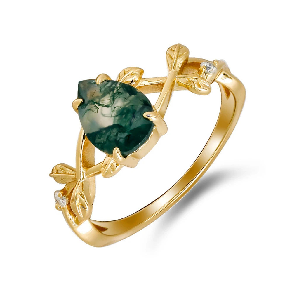 Emotional Factory 925 Sterling Silver 14K Gold Plated Gem Stone Gemstone Cz Zircon Vine Drops Moss Agate Ring