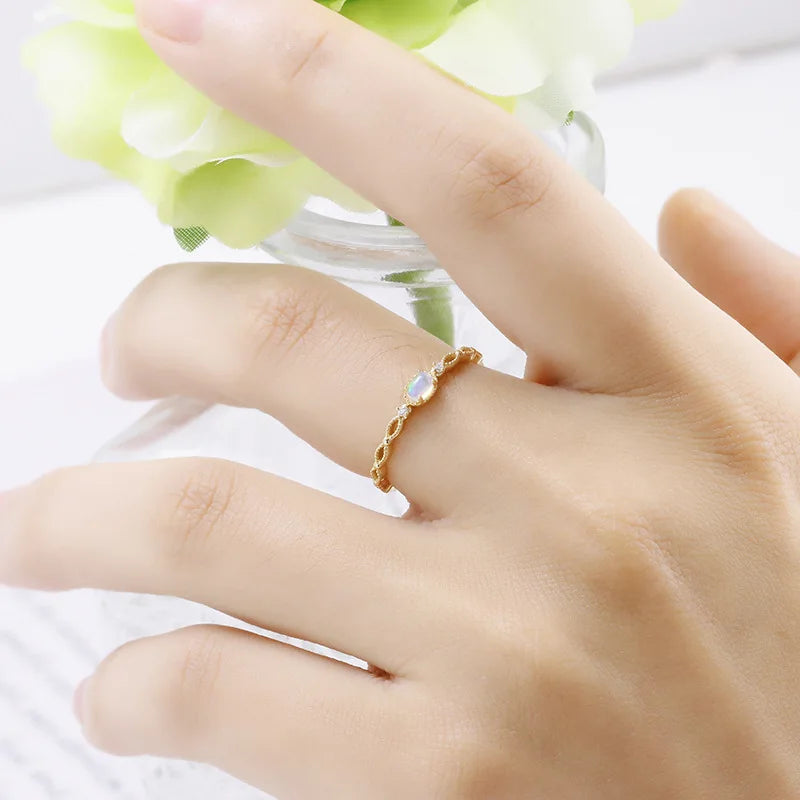 Emotional Factory 925 Sterling Silver 14K Gold Plated Gemstone Phantom Color Opal Hollow Lace Ring