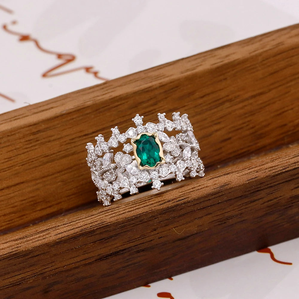 Emotional Factory 925 Sterling Silver 14K Gold Plated Gem Stone Gemstone Retro Hollow Geometric Flower Cultured Emerald Ring