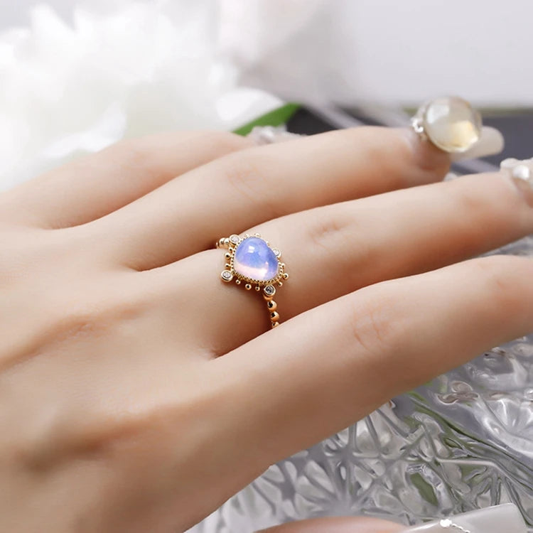 Emotional Factory 925 Sterling Silver 14K Gold Plated Gem Stone Gemstone Sweet Princess Heart Opal Ring