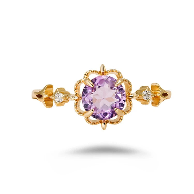 Emotional Factory 925 Sterling Silver 14K Gold Plated Gem Stone Gemstone Retro  Cz Zircon Flower Light Amethyst Ring