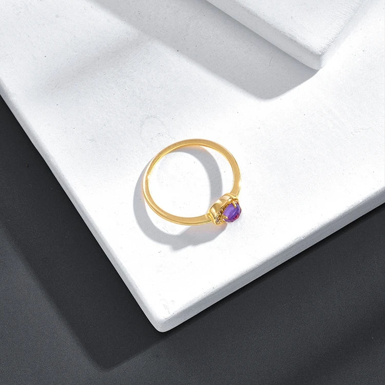 Emotional Factory 925 Sterling Silver 14K Gold Plated Gemstone Cz Zircon Moon Round Amethyst Ring