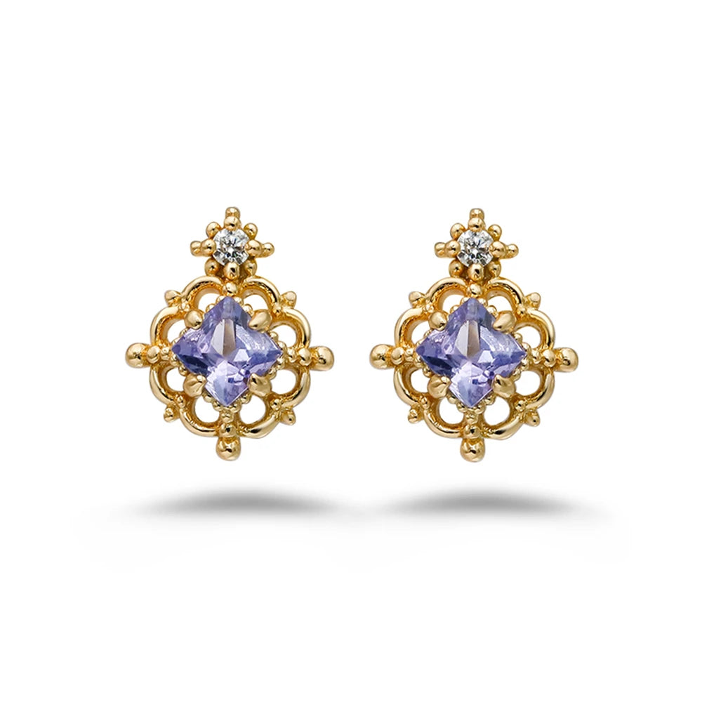 925 Sterling Silver 14K Gold Plated Gemstone Retro Hollow Flower Earring Geometric Square Stone Tanzanite Earrings