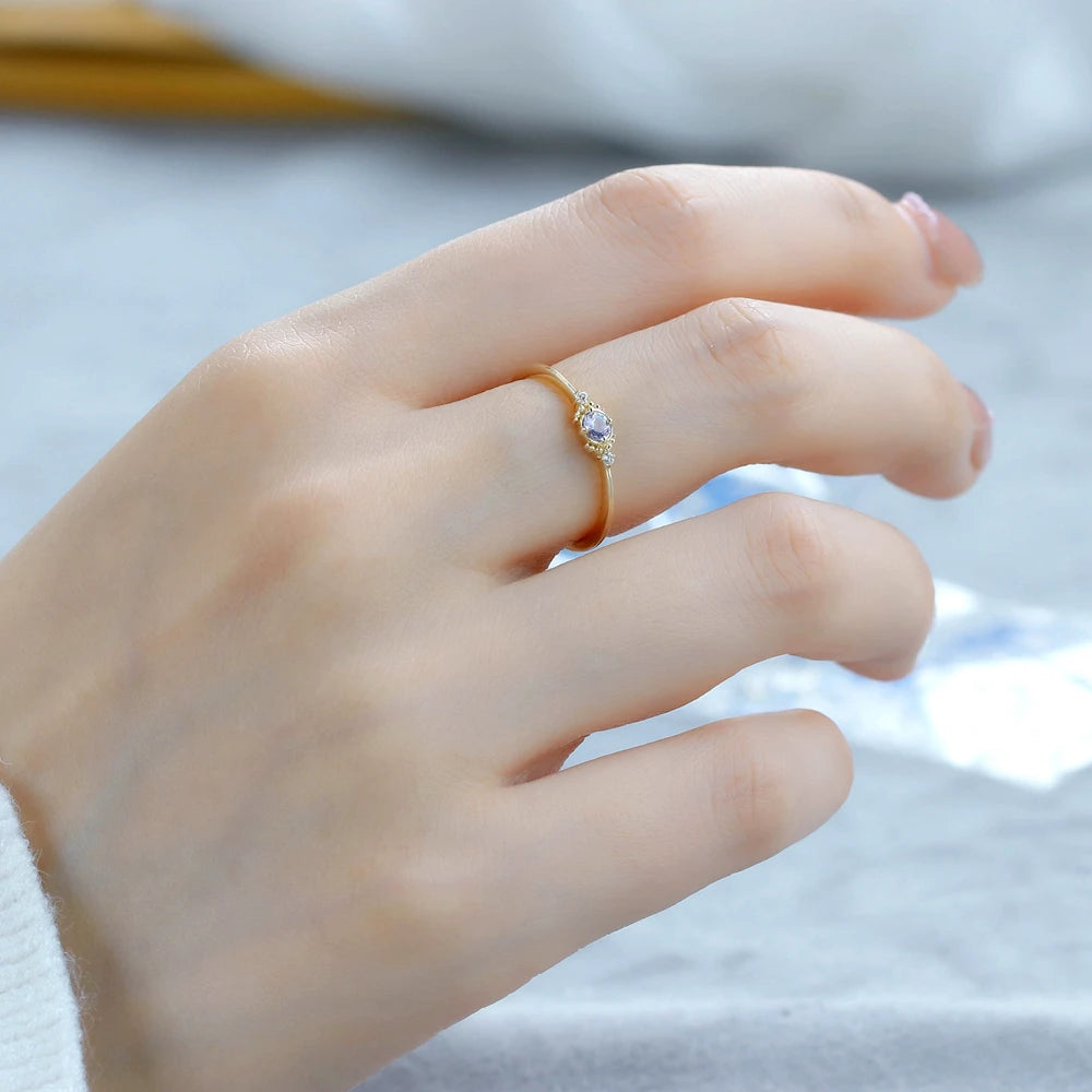 925 Sterling Silver 14K Gold Plated Gemstone Wedding Proposal Minimalist Round Tanzanite Ring