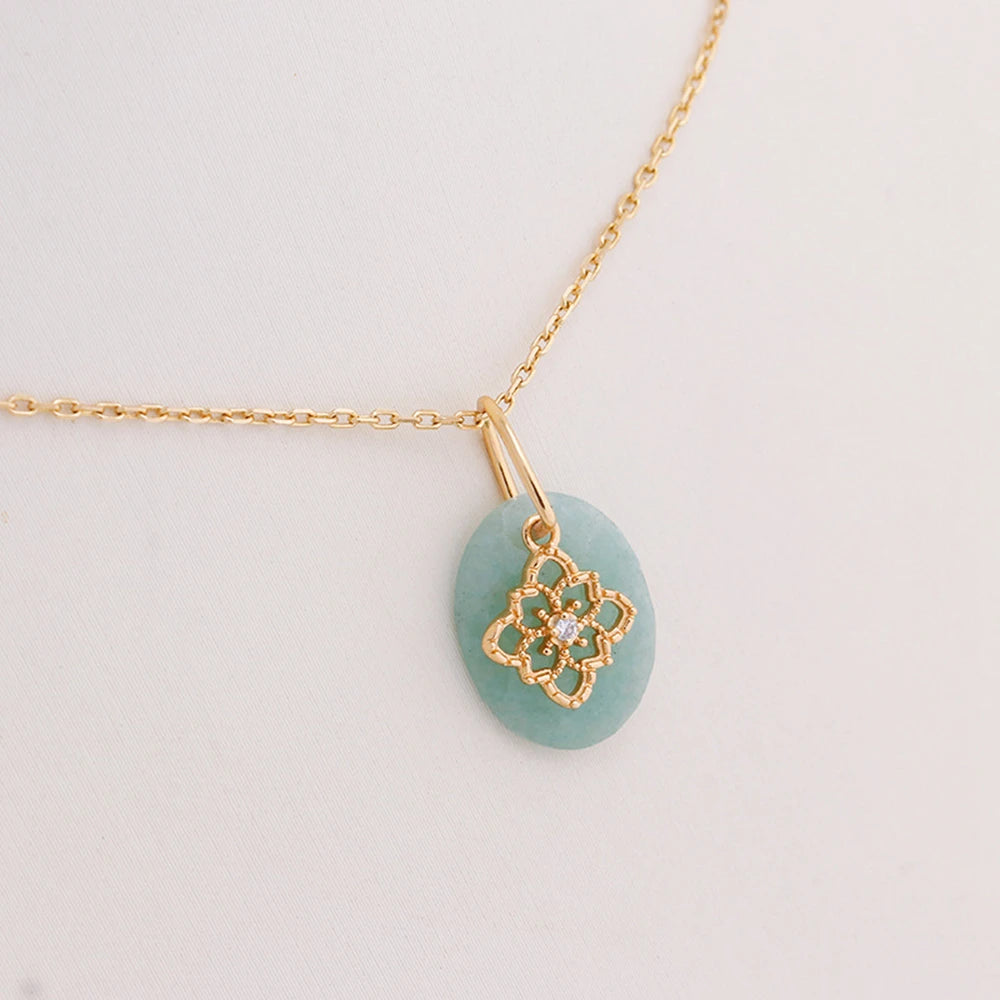 925 Sterling Silver 14K Gold Plated Gem Stone Gemstone Geometric Egg Shape Natural Aventurine Window Flower Double Pendant