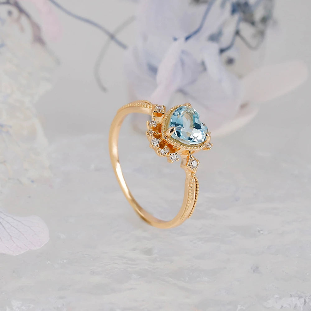 925 Sterling Silver 14K Gold Plated Gemstone Zircon Crown Heart Sjaped Sky Blue Topaz Ring
