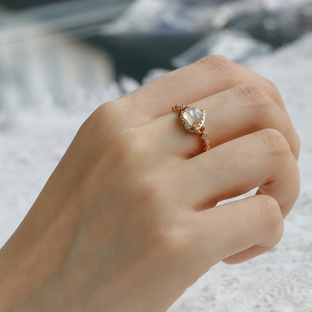 925 Sterling Silver 14K Gold Plated Gemstone Retro  Cz Zircon Colored Shell White Crystal Rock Crystal Heart Ring