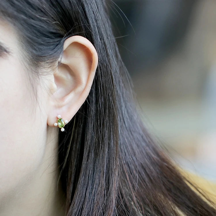 925 Sterling Silver 14K Gold Plated Gemstone Square Green Ring Pearl Natural Peridot Stud Earrings