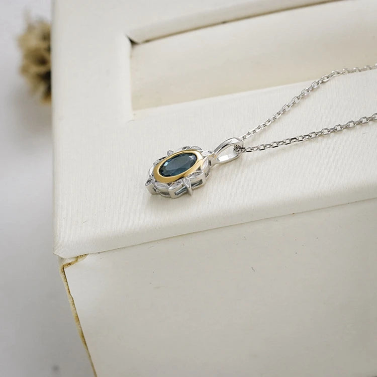 Emotional Factory 925 Sterling Silver 14K Gold Plated Gem Stone Gemstone Granule Leaves Petals London Blue Topaz Necklace