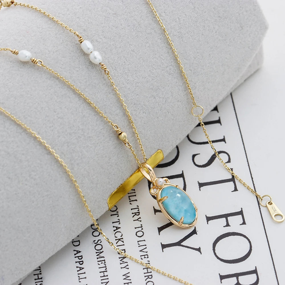 925 Sterling Silver 14K Gold Plated Gemstone Water Bottle Design Larimar Rock Crystal White Crystal Pendant Necklace