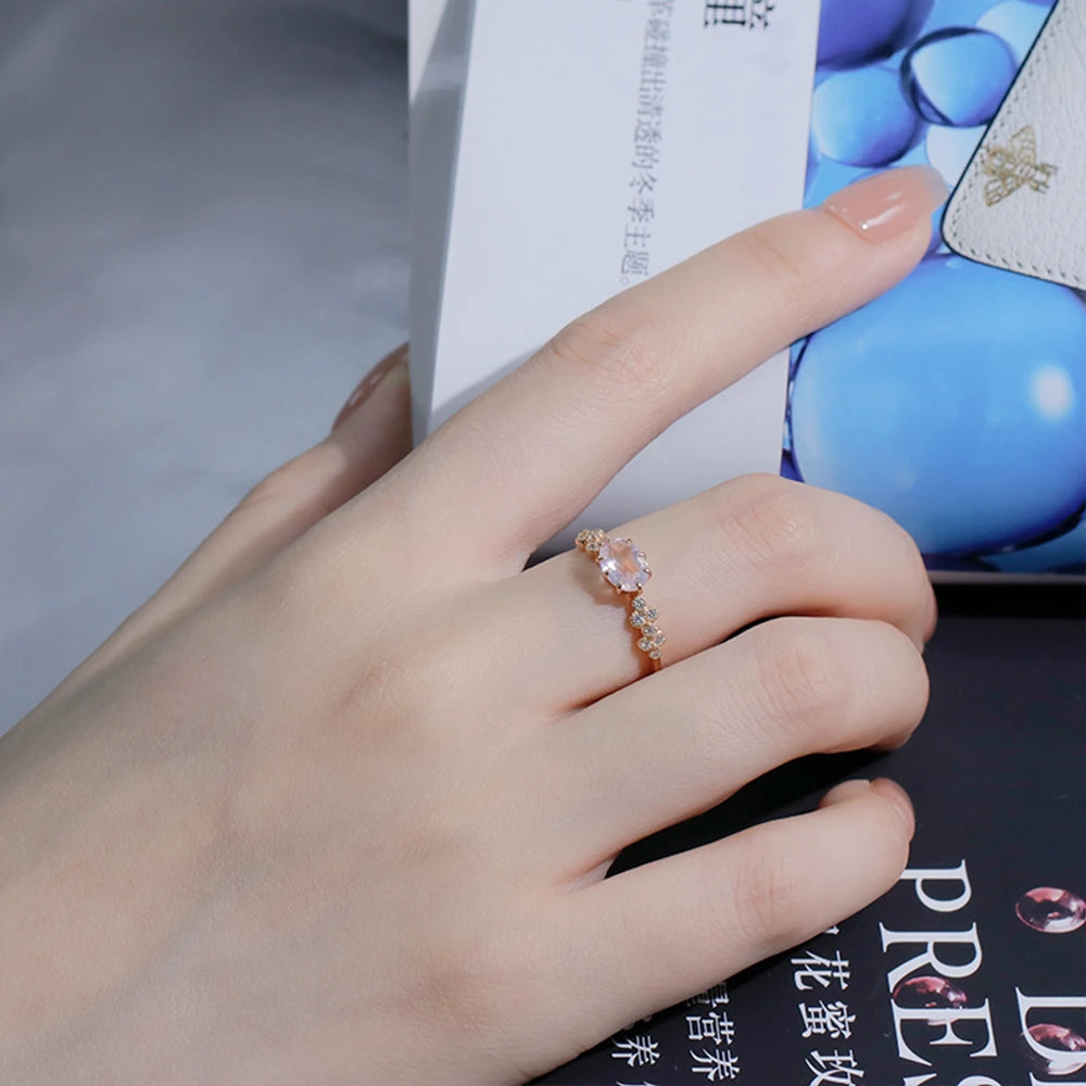 Emotional Factory 925 Sterling Silver 14K Gold Plated Gemstone Series Zircon Rose Quartz Natural Pink Crystal Ring