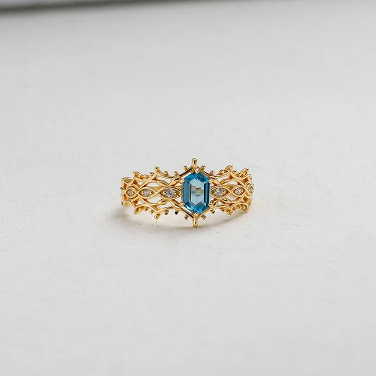 Emotional Factory 925 Sterling Silver 14K Gold Plated Gem Stone Gemstone Cz Zircon Geometric Lace London Blue Topaz Ring