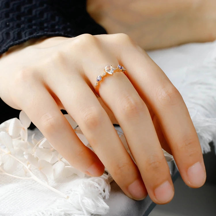 Emotional Factory 925 Sterling Silver 14K Gold Plated Gemstone Drop Tanzanite Zircon Stone Moonstone Ring
