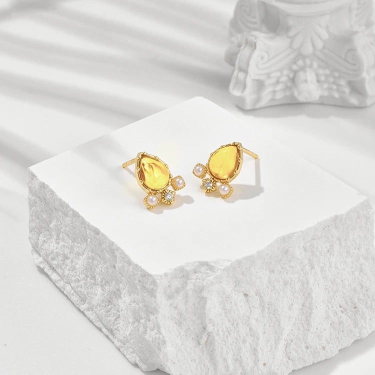 Emotional Factory 925 Sterling Silver 14K Gold Plated Gemstones Flowers Pendant Drop Amber Earrings