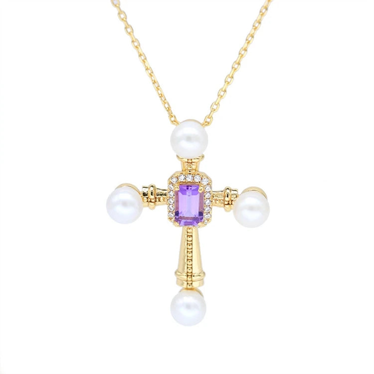 Emotional Factory 925 Sterling Silver 14K Gold Plated Gemstone Amethyst Natural Freshwater Pearls Cross Necklace