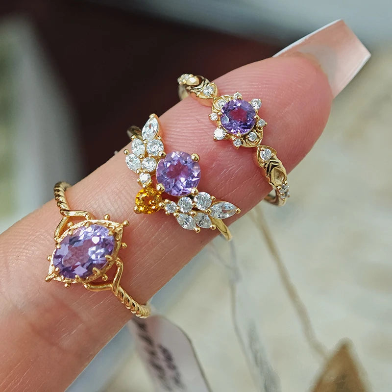 925 Sterling Silver 14K Gold Plated Gemstone Butterfly Natural Amethyst Lace Zircon Adjustable Pattern Stacked Relief Ring
