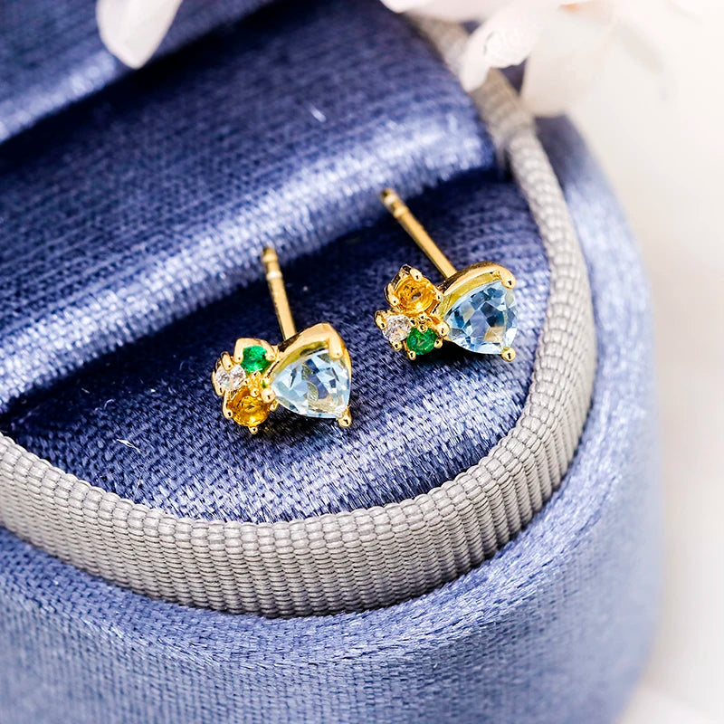 925 Sterling Silver 14K Gold Plated Gemstone Geometric Triangular Star Cz Zircon Topaz Citrine Simulate Emerald Stud Earrings