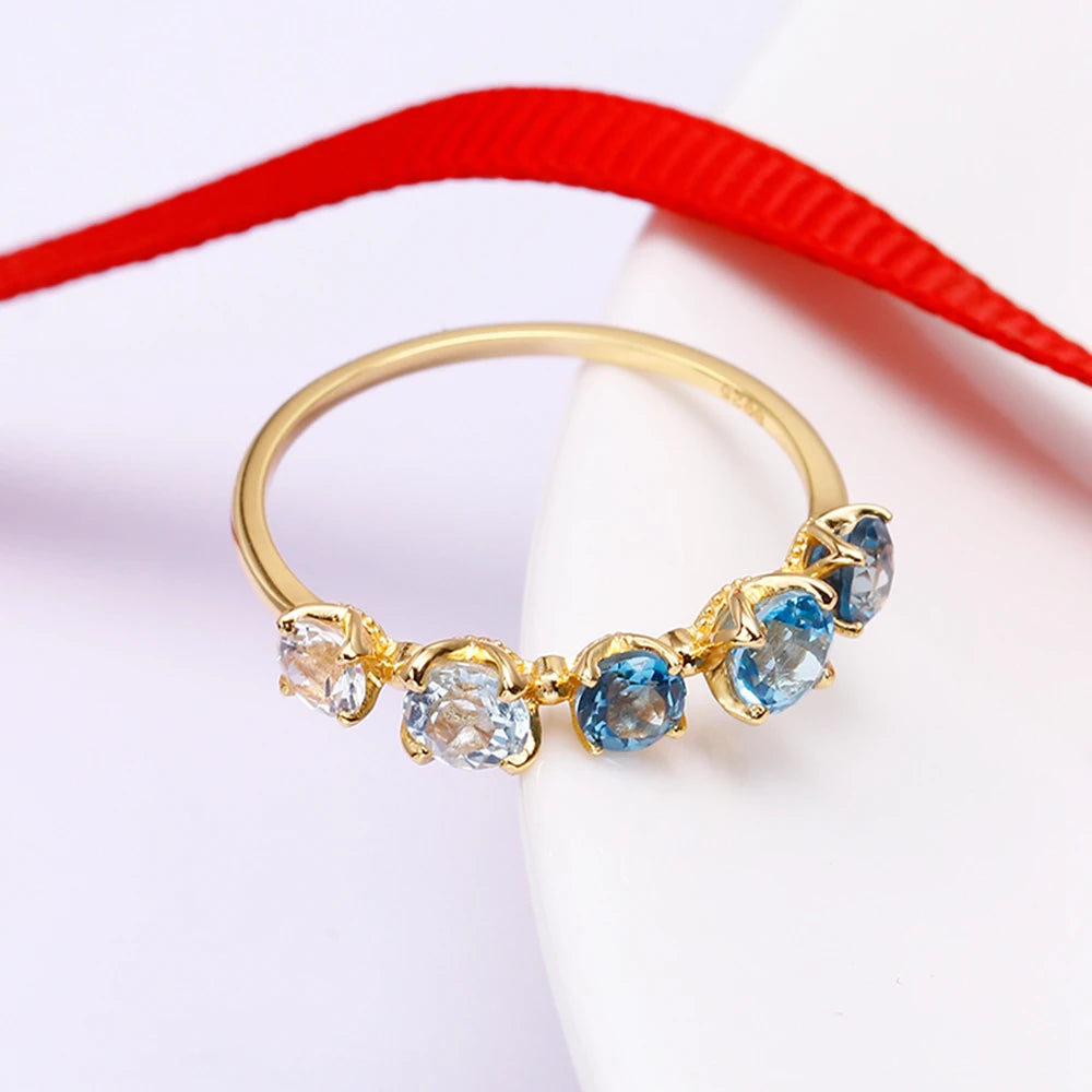 925 Sterling Silver 14K Gold Plated Gemstone Geometric Square Colourful Blue White Gradient Topaz Ring With Natural Stone
