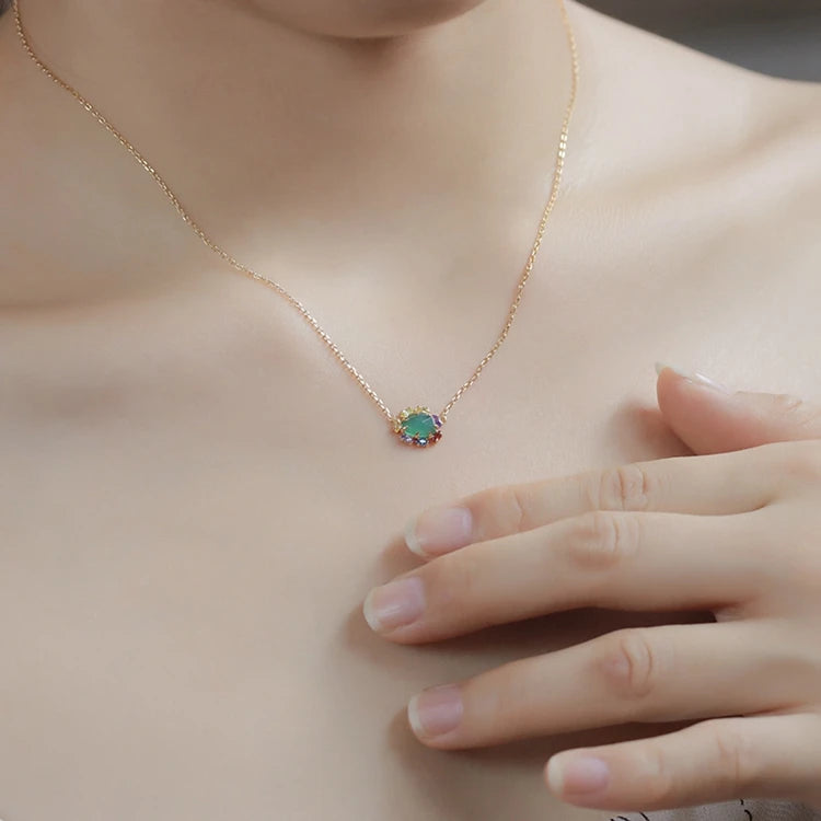 925 Sterling Silver 14K Gold Plated Gemstones Colourful Rainbow Red Garnet Natural Green Chalcedony Crystal Necklace