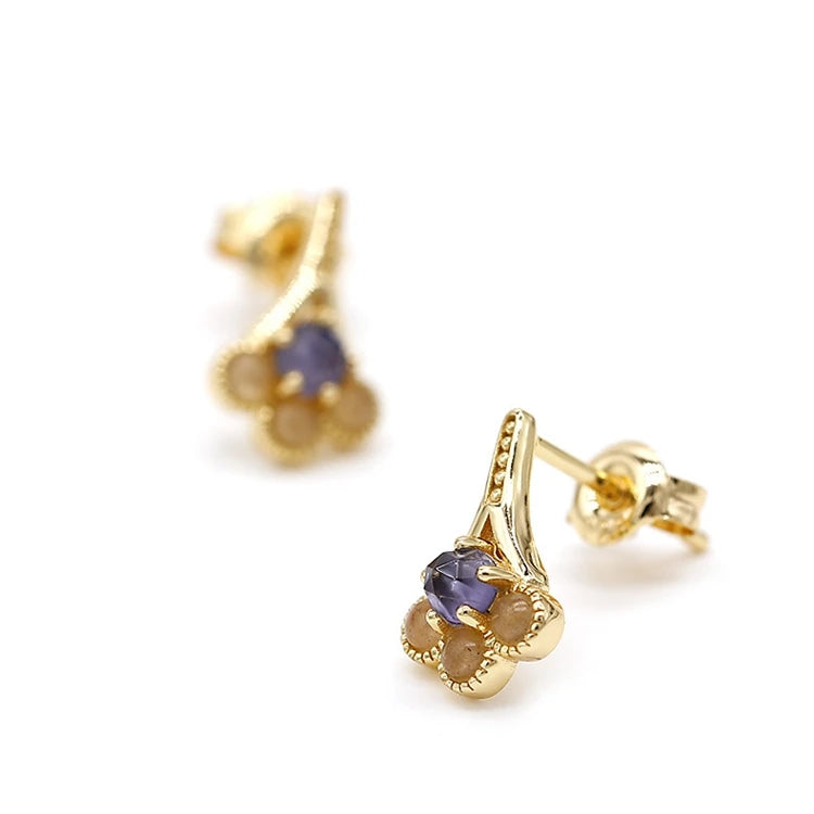 925 Sterling Silver 14K Gold Plated Gemstone Drop Orange Moonstone Natural Cordierite Earrings