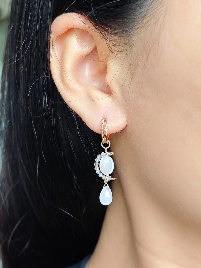 Factory 925 Sterling Silver 14K Gold Plated Gemstone Summer Freshness Natural Labradorite Mother-Of-Pearl Beaded Earrings