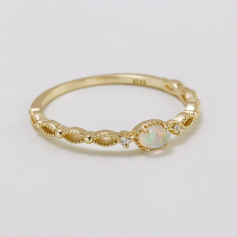 Emotional Factory 925 Sterling Silver 14K Gold Plated Gemstone Phantom Color Opal Hollow Lace Ring